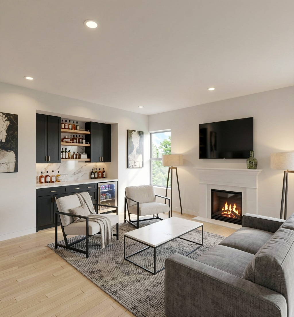 Basement fireplace and built-in bar design by KDP in Silver Spring, MD